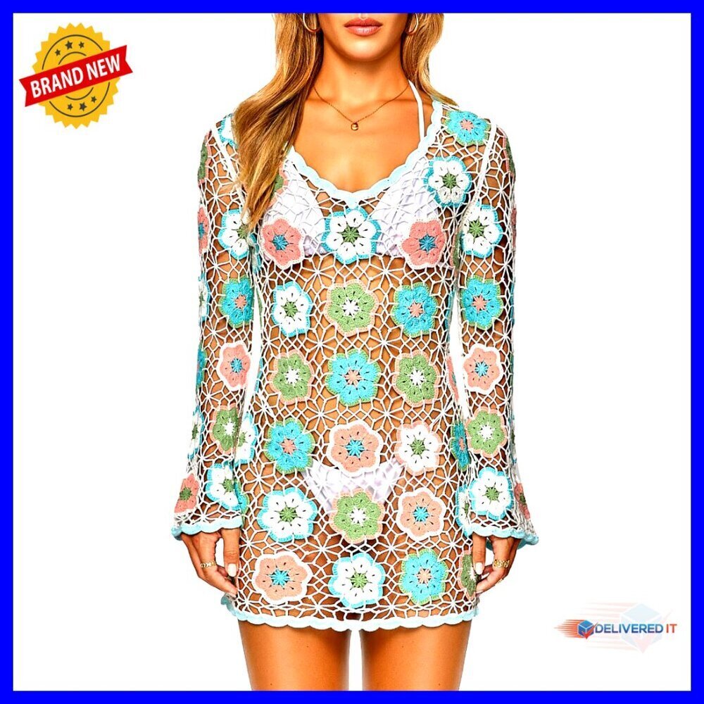 Crochet Beach Cover Up Dress Boho Bell Sleeve 3D Floral Embroidery Elegant